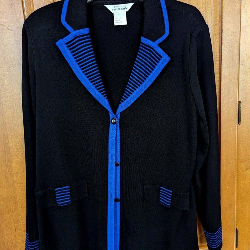 Sweater, black with blue accents.